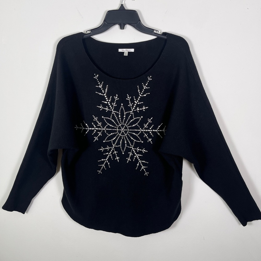 Vila Milano Womens Black Rhinestone Snowflake Wool Blend Dolman Sweater Large